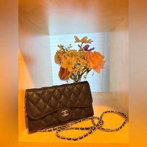 Fashion Inspired Black Quilted Crossbody Bag with Chain